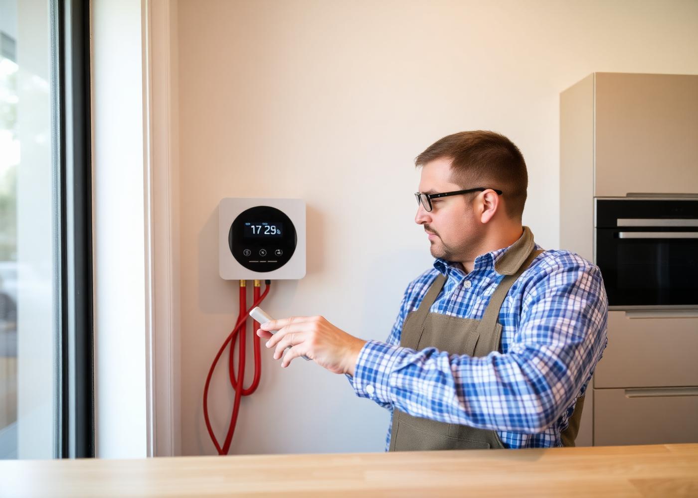 Monteur installeert slimme thermostaat in moderne woning