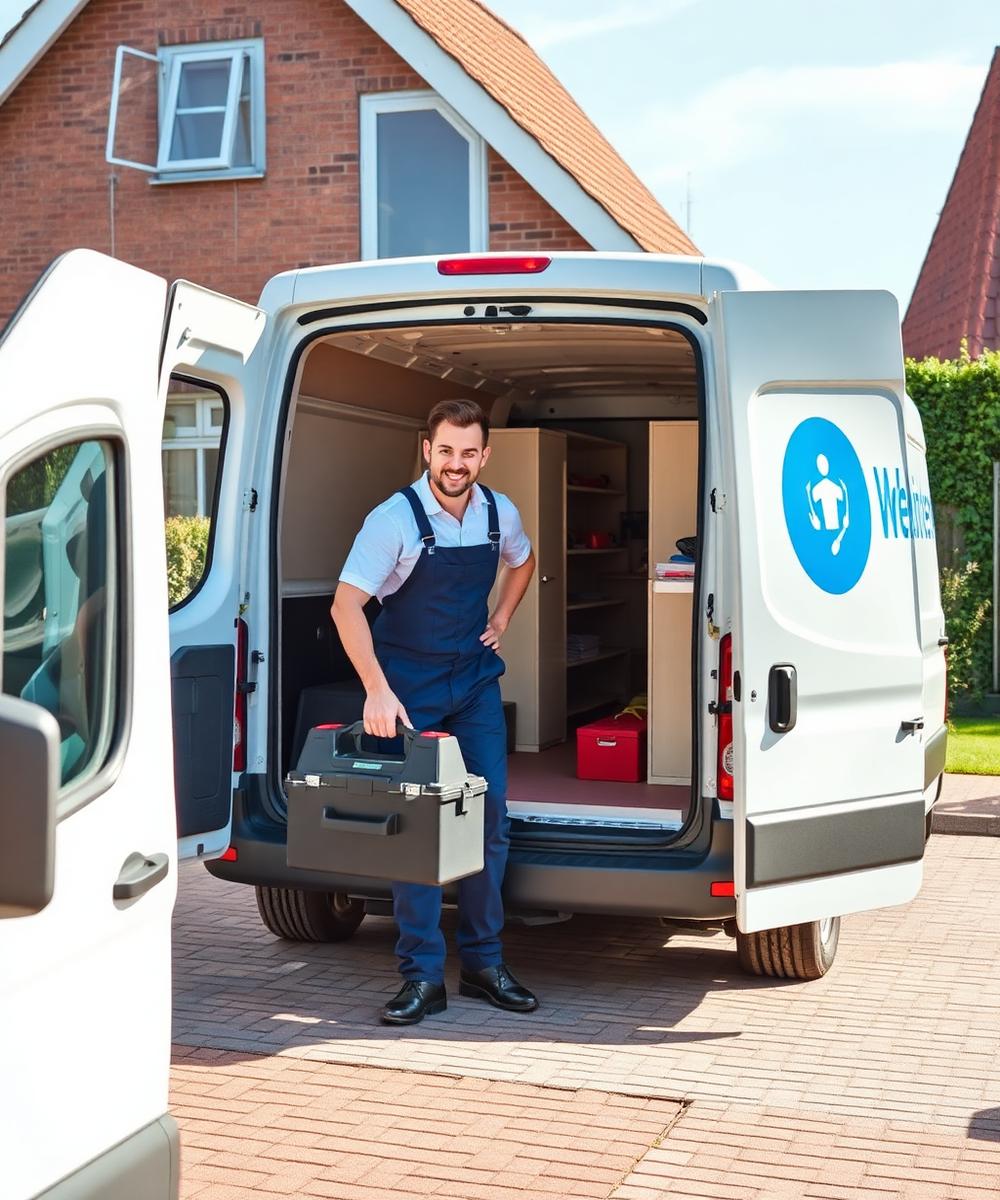 Monteur arriveert met servicebus en gereedschapskist