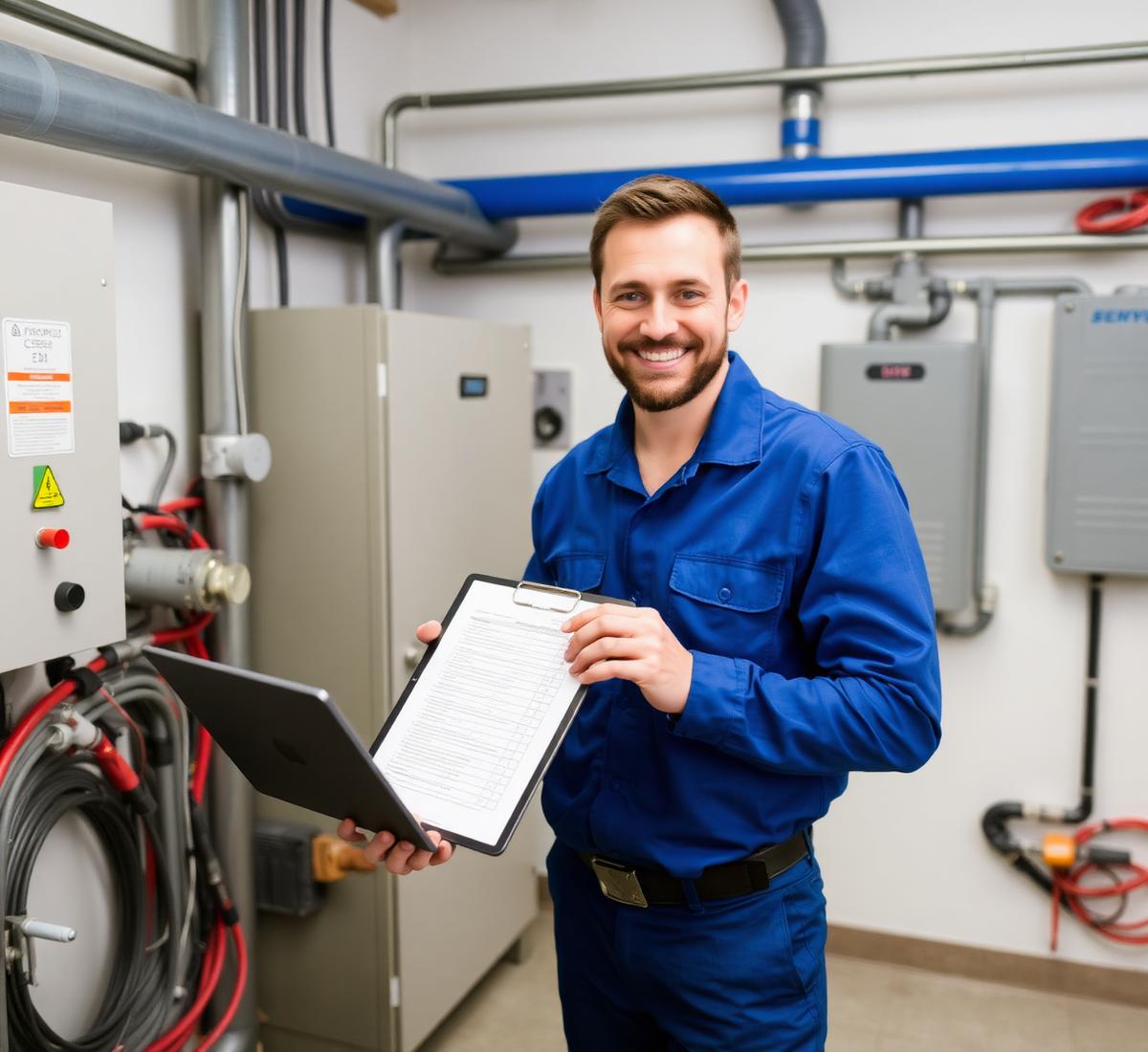Vriendelijke monteur met checklist in installatieruimte